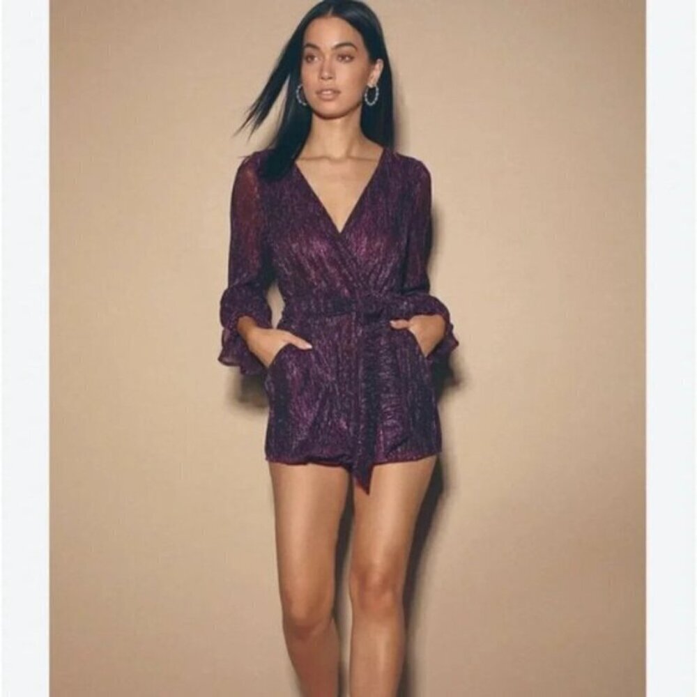 Lulu’s Wow Factor Purple Metallic Surplice Romper M